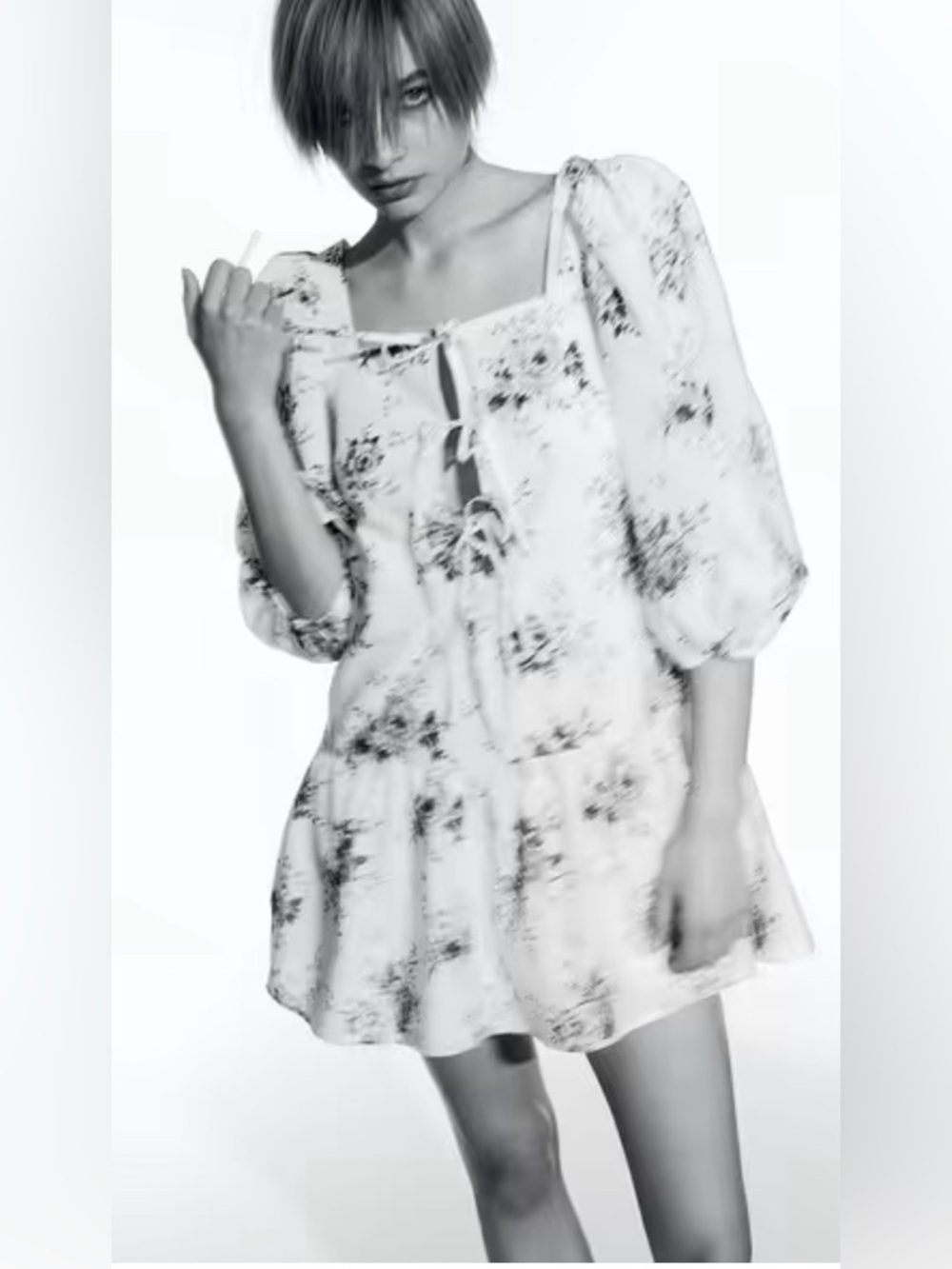 H&M White Floral Mini Dress with Black Print